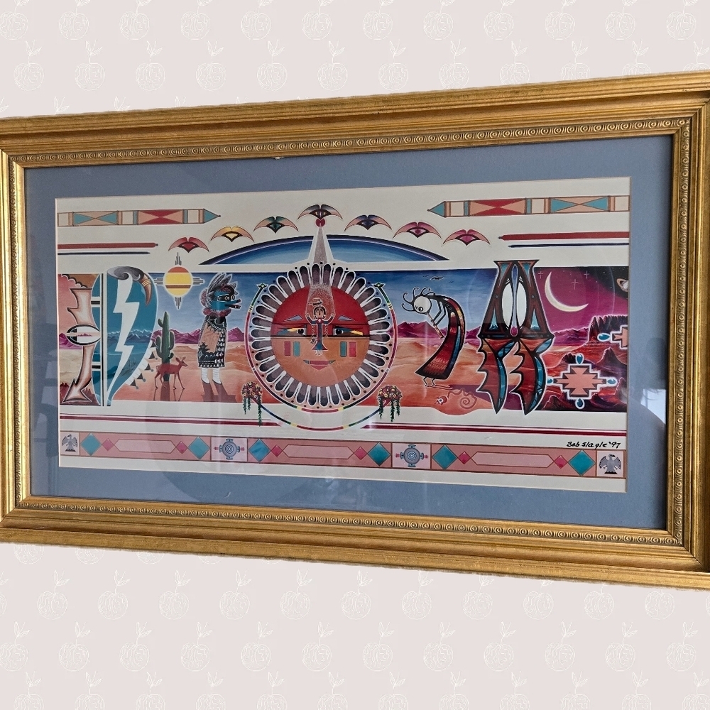 Vintage 1997 Bob Slagel Southwestern Native American Sun God Print Colorful